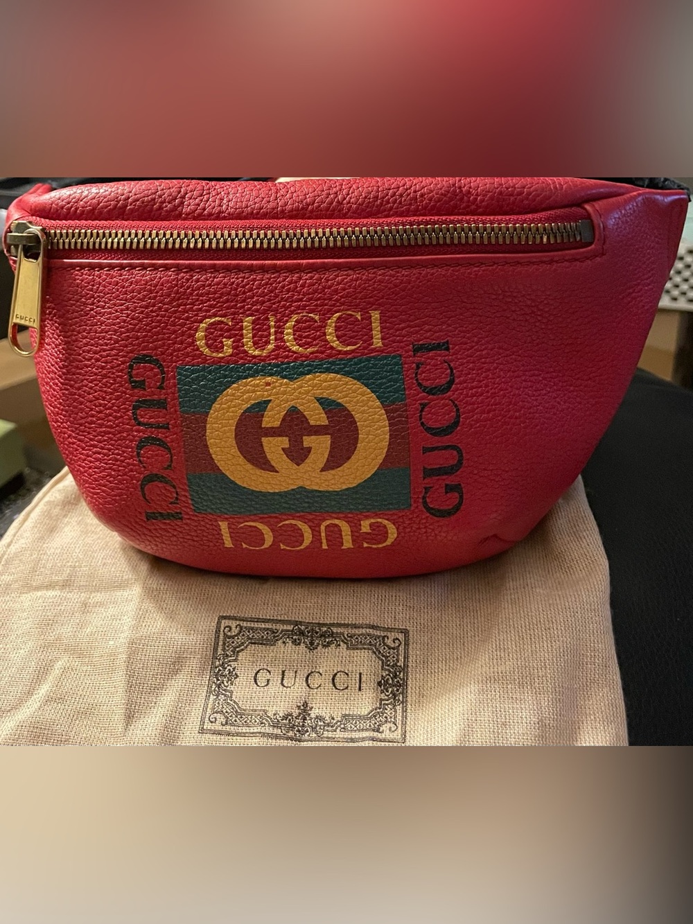 Gucci Red Leather Crossbody Belt Bag with Gold Logo Print
